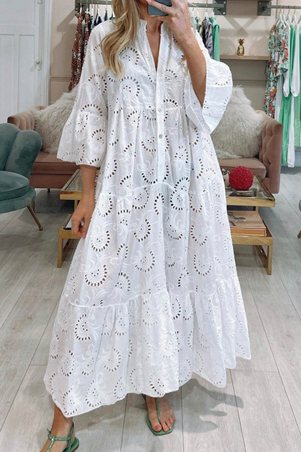 🎁Last day Clearance sale! V Neck Flares Sleeve Embroidery Cotton Dress