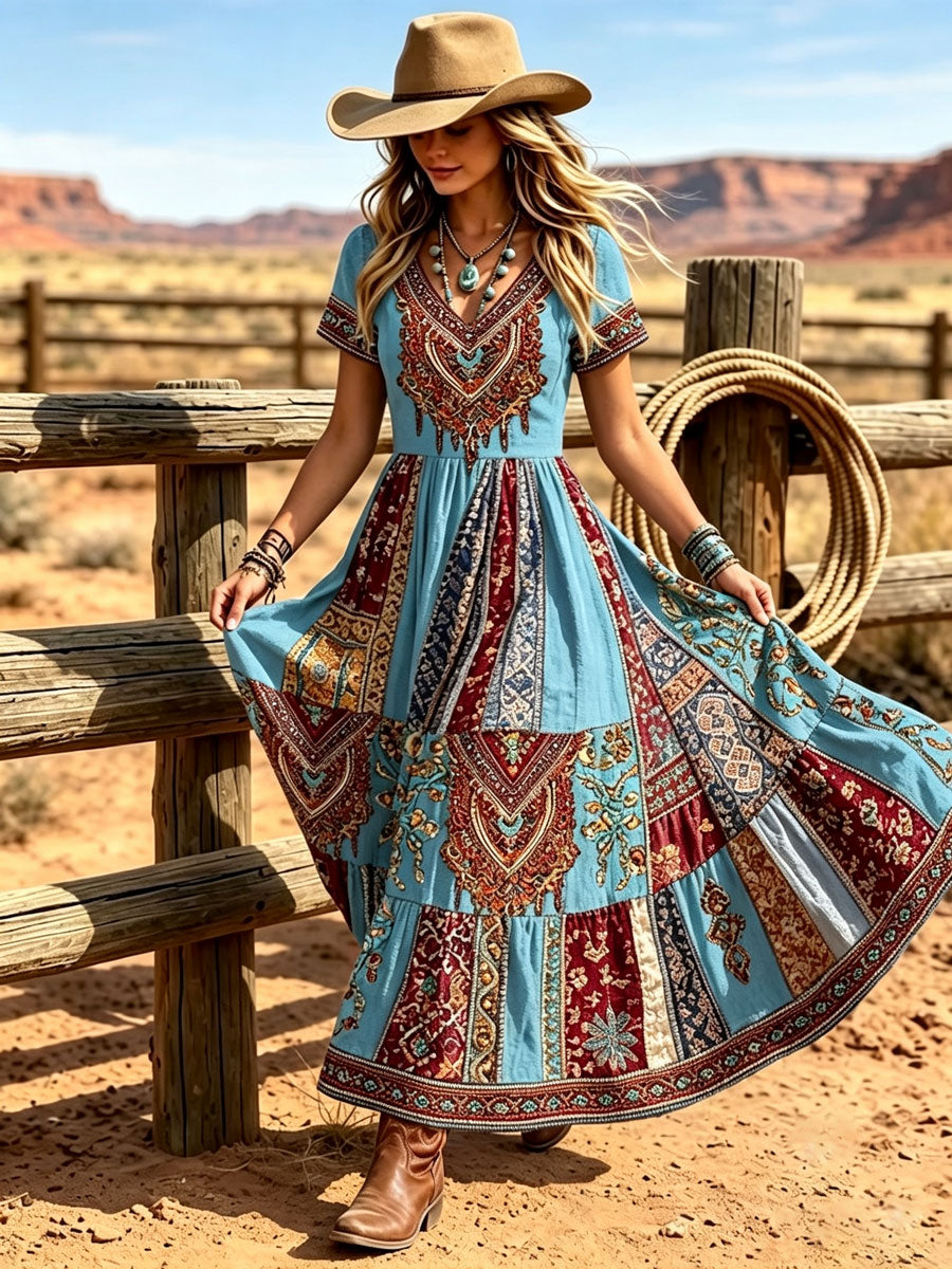 Women's Western Vintage Linen-Blend Maxi Dress