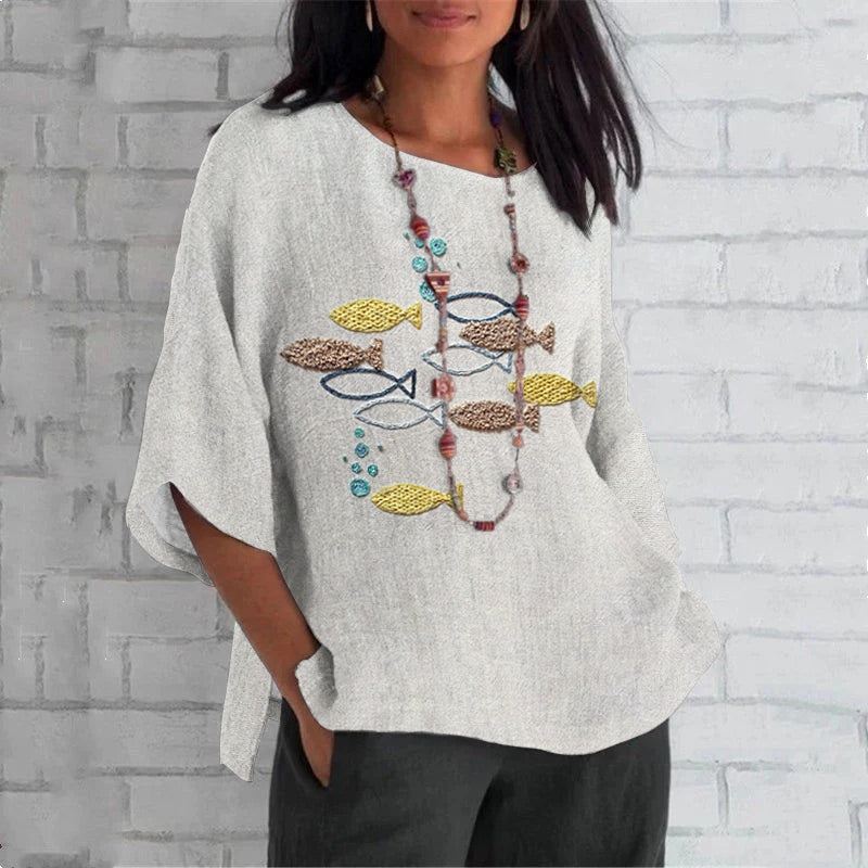 Japanese Carp Embroidery Art Linen Shirt