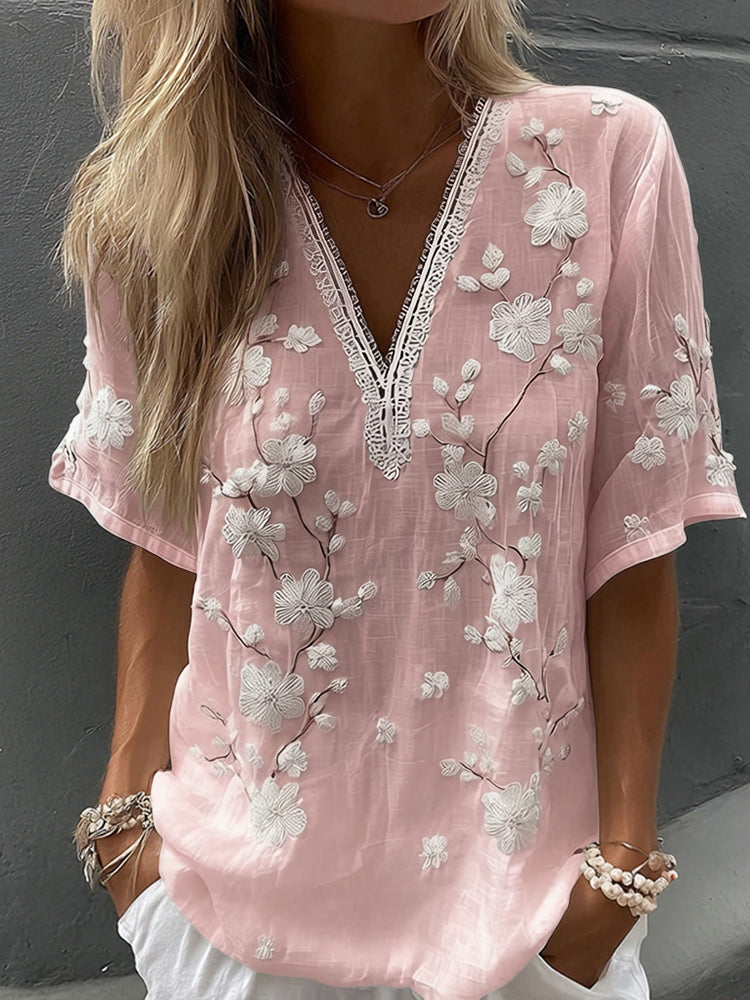 Women's Vintage Floral Print V Neck Linen Blend Short Sleeve T-shirt