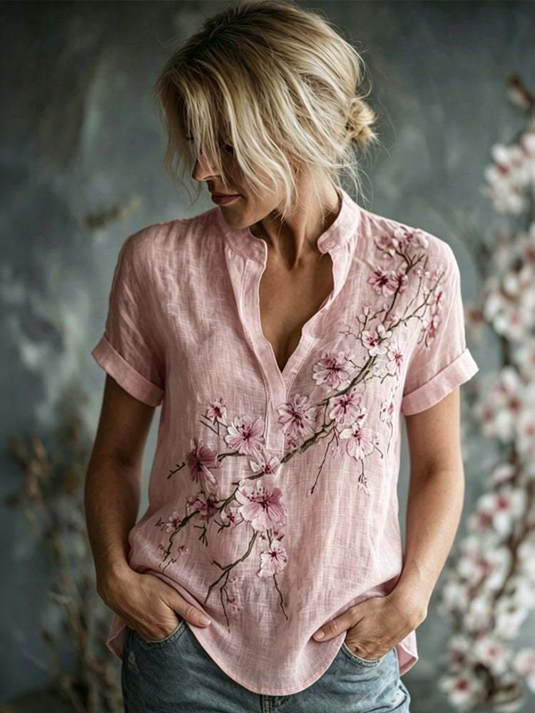 Women's Vintage Flowers Embroidered Linen Short Sleeves Shirt