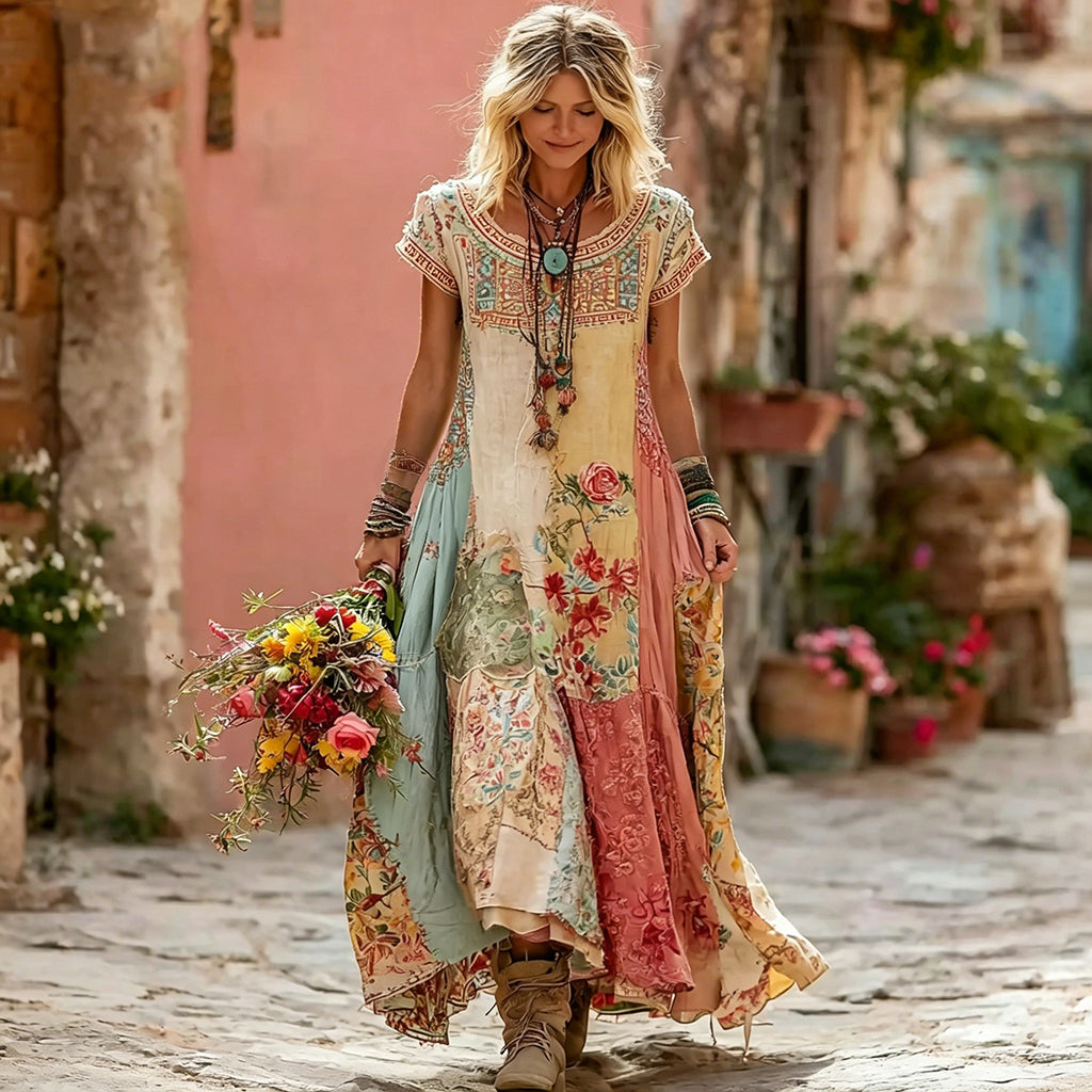 Women's Vintage Bohemian Rose Patchwork Short-sleeve Crew Neck Dress