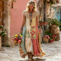 Women's Vintage Bohemian Rose Patchwork Short-sleeve Crew Neck Dress