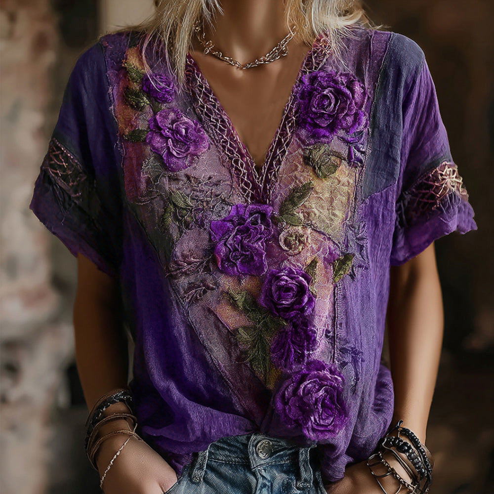 Vintage Faded Rose Woven Embroidered Purple Spliced Cotton-linen V-neck Short Sleeve