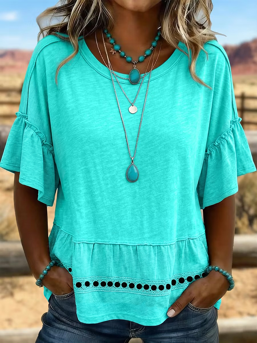 Women'S Retro Art Solid Color Splicing T-Shirt