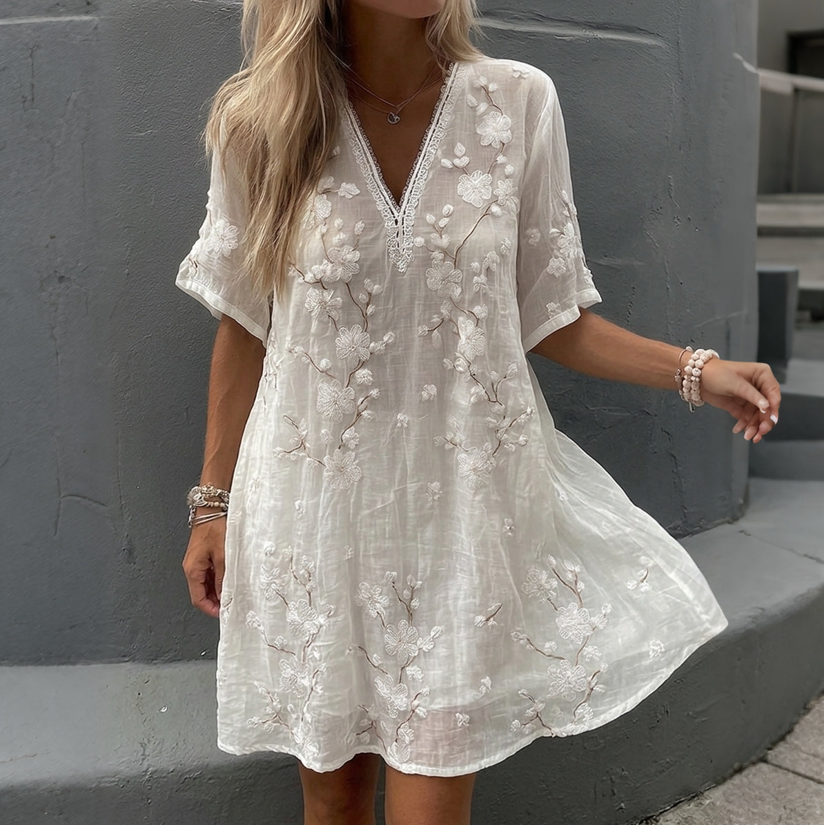 Women's Vintage Floral Print V-neck Short-sleeve Linen Dress