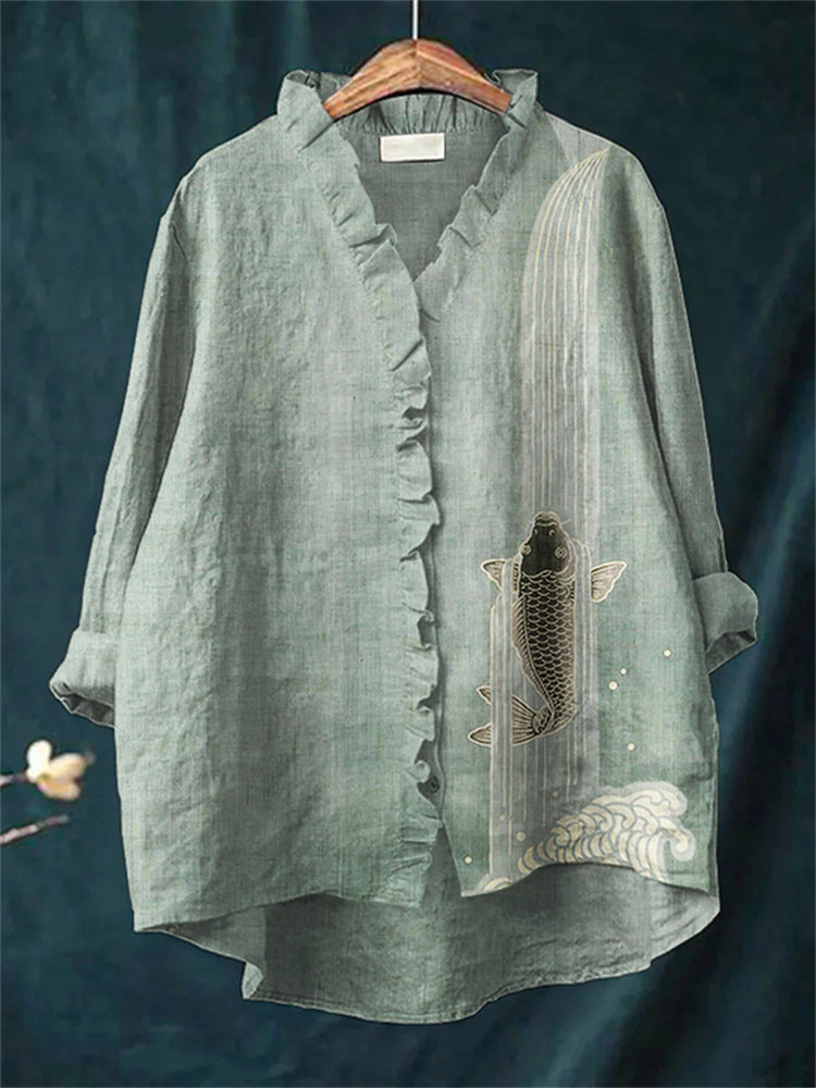 Upstream Carp Japanese Art Ruffle Trim Linen Blouse