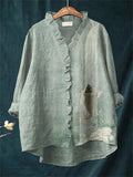 Upstream Carp Japanese Art Ruffle Trim Linen Blouse