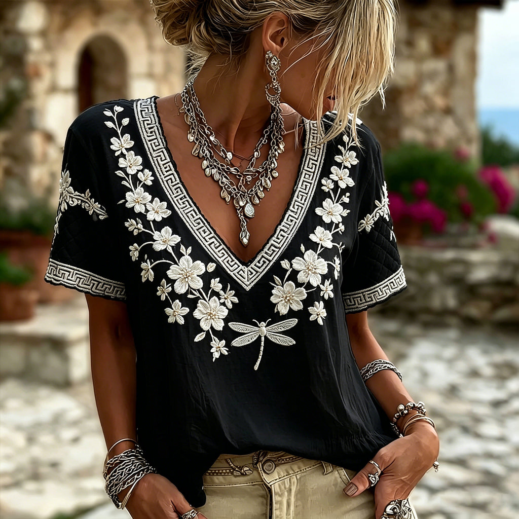 Vintage Style Cherry Blossom And Dragonfly Embroidered Linen Blend White Short Sleeve V-neck Top