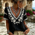 Vintage Style Cherry Blossom And Dragonfly Embroidered Linen Blend White Short Sleeve V-neck Top