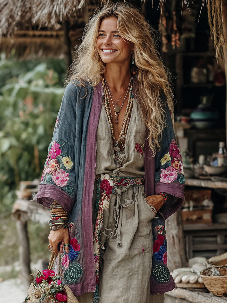 Vintage Bohemian Floral Art Embroidery Print Cotton And Linen Blend Midi-length Kimono Cardigan
