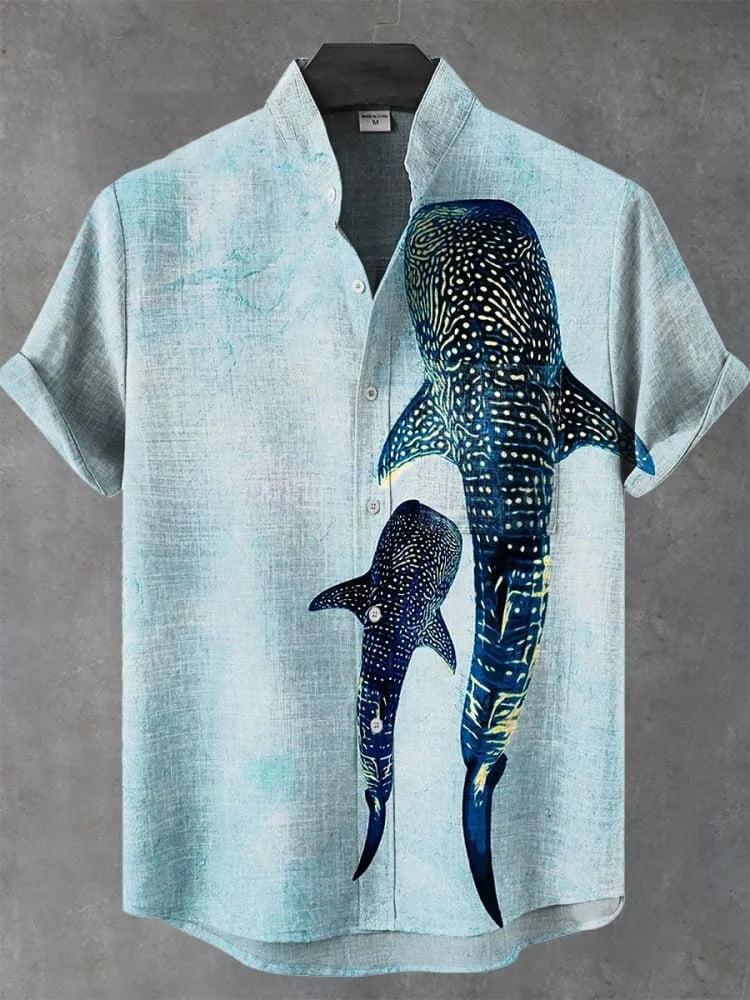 Men's Vintage Ocean Whale Art Print Casual 100% Cotton Shirt