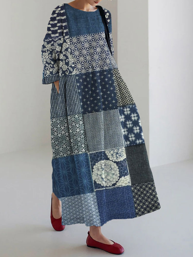 Retro Japanese Traditional Patchwork Art Linen Maxi Dress