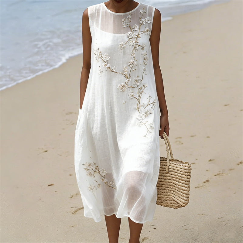 Classy White Almond Blossom Flowy Linen Tank Dress