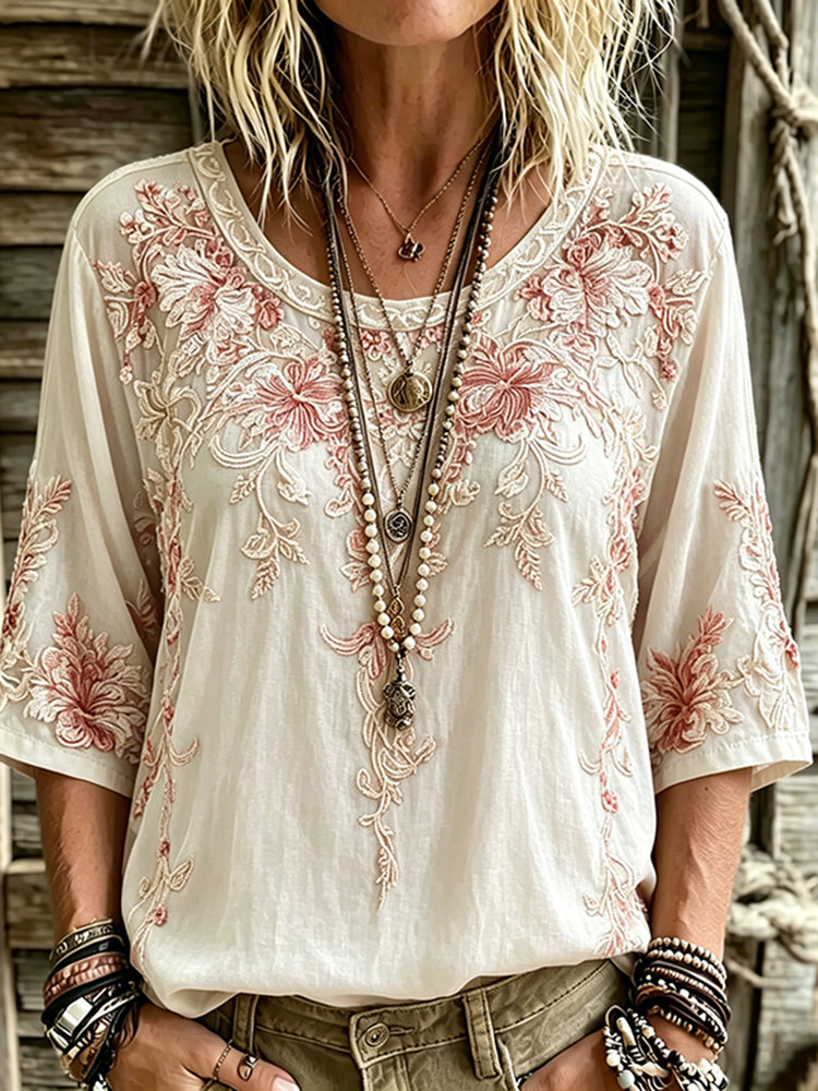 Women's Floral Art Embroidery Linen Blend Casual T-shirt