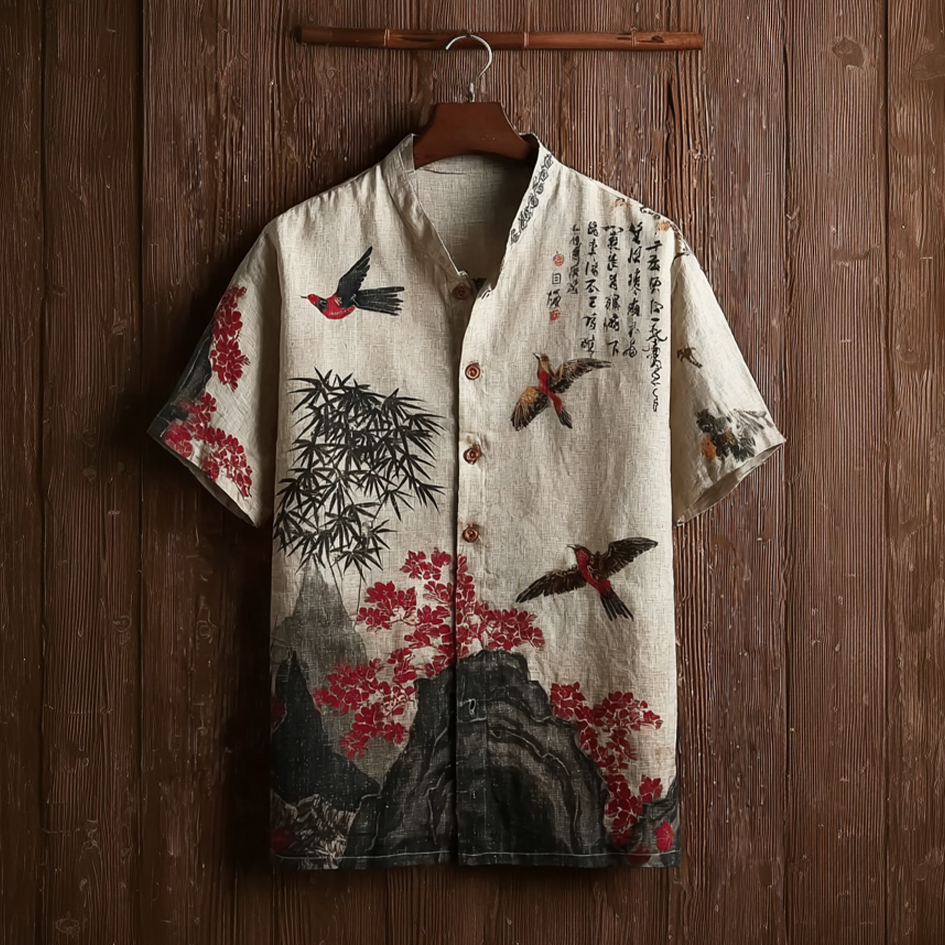 Japanese Art Retro Style Birds And Flowers Pattern Men's Short Sleeve Shirt