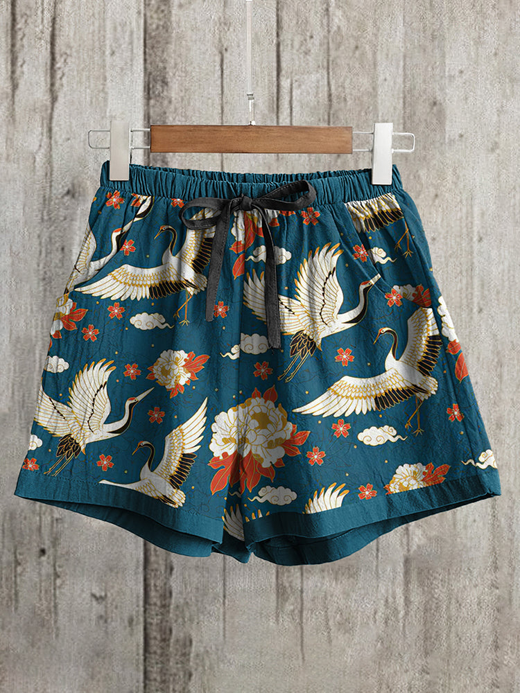 Women's Japanese Art Crane Loose Casual Short Pants