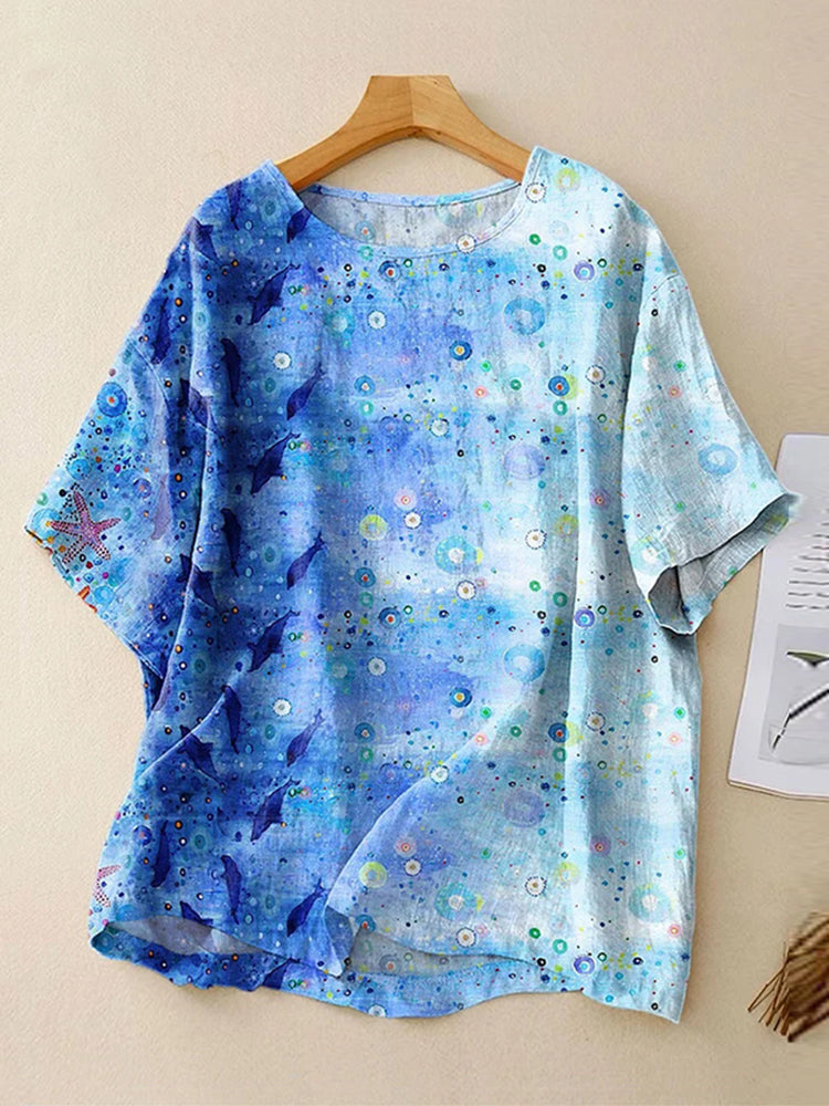 Women's Vintage Ocean Art Print Casual Linen Crew Neck Shirt