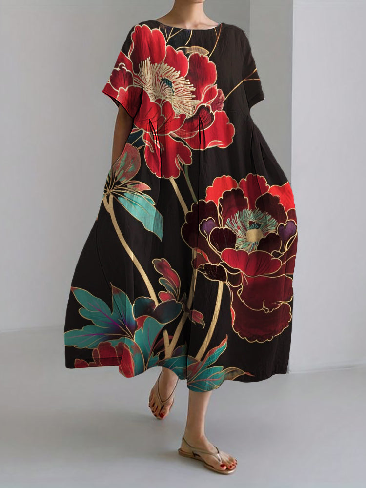Classy Flowers Japanese Art Linen Blend Maxi Dress