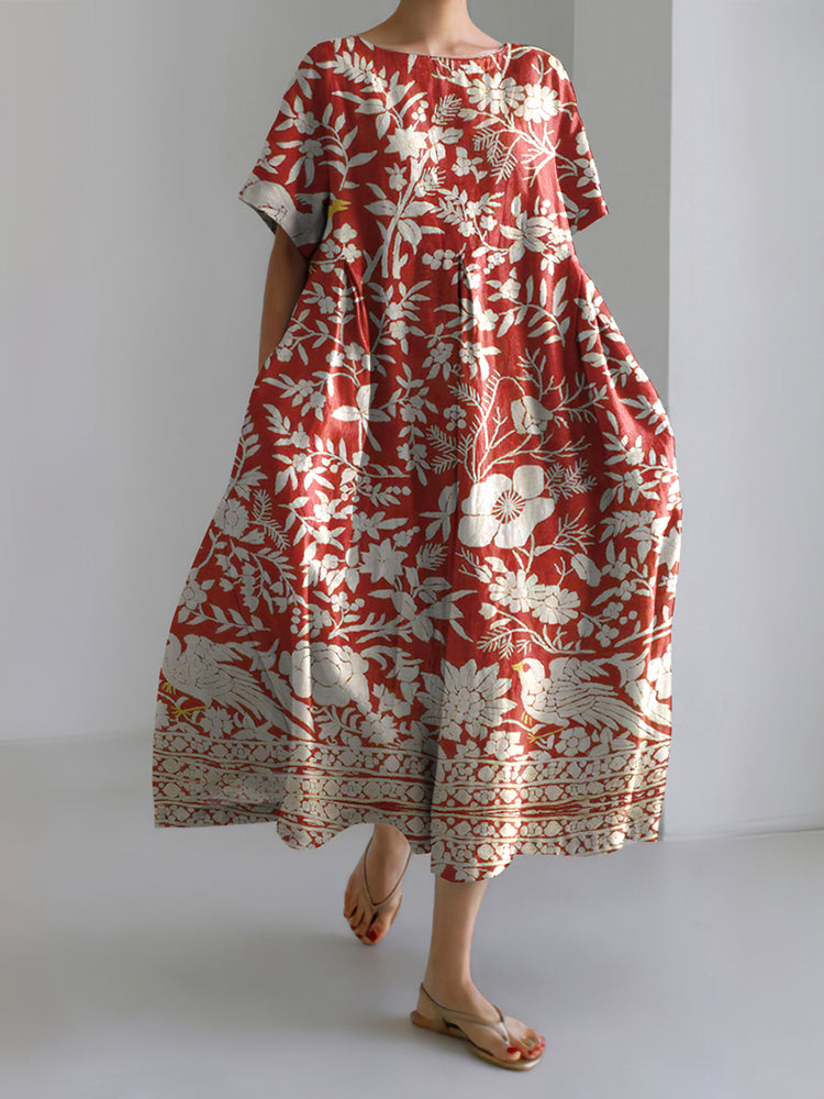Japanese Flower And Bird Art Print Crew Neck Linen Blend Midi Dress