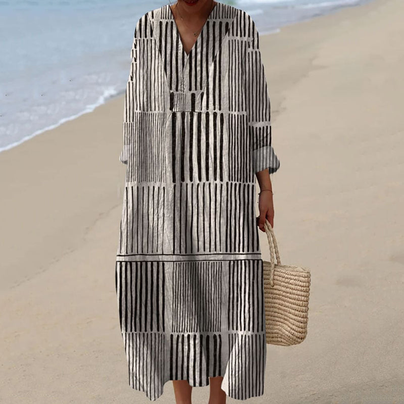Women's Vintage Geometric Line Art Print Cotton Dress