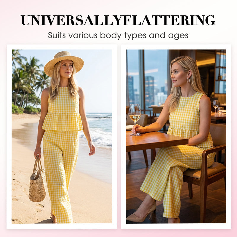 Women's 2 Piece Plaid Print Outfits Ruffle Top & Pants