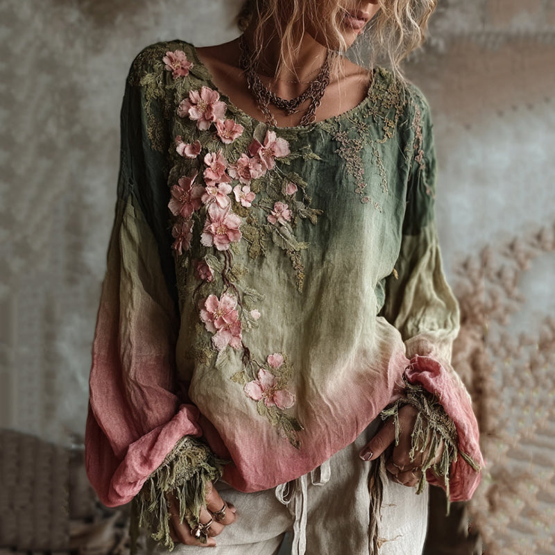 Vintage Cherry Blossom Gradient Linen Long Sleeve Shirt
