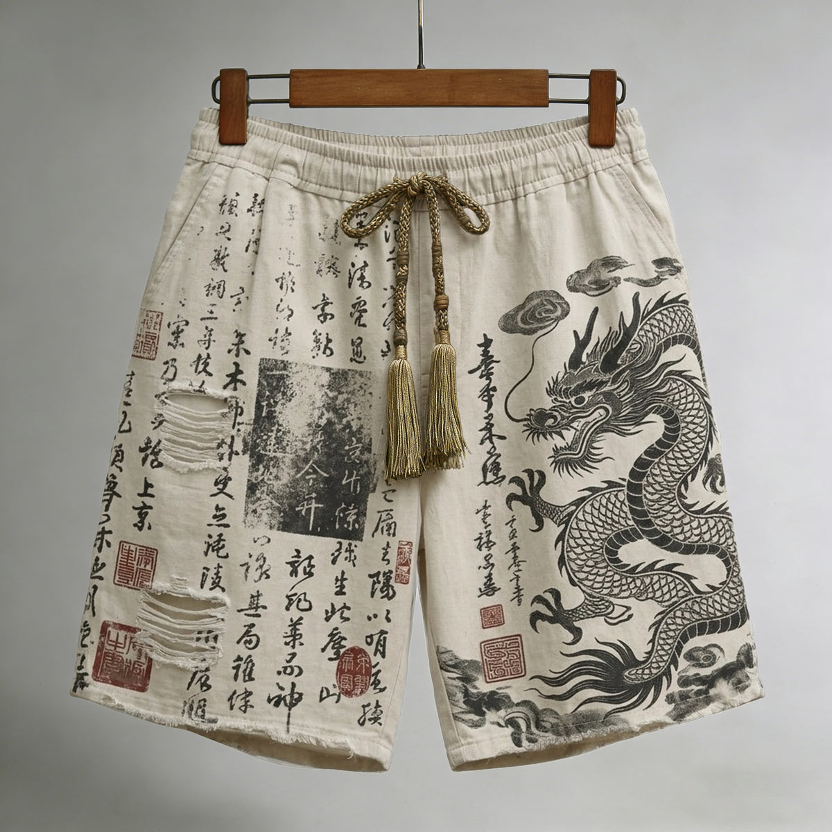 Men's Calligraphy With Dragon Art Pattern Linen Blend Casual Shorts