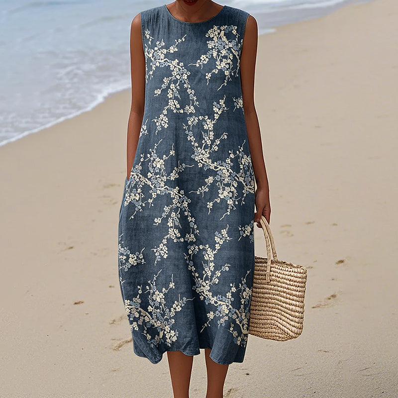 Women's Vintage Japanese Floral Print Round Neck Sleeveless Linen Blend Midi Dress