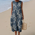 Women's Vintage Japanese Floral Print Round Neck Sleeveless Linen Blend Midi Dress