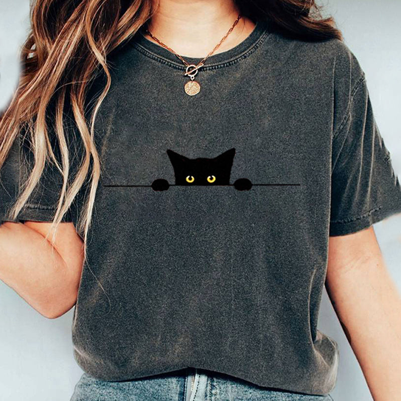 Women's Casual Funny Black Cat Print T-shirt
