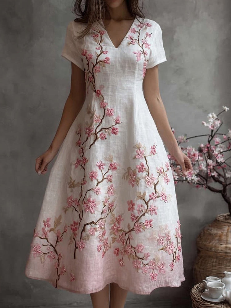 Vintage Cherry Blossom Art V Neck Comfy Linen Maxi Dress