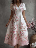 Vintage Cherry Blossom Art V Neck Comfy Linen Maxi Dress