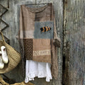 Retro Patchwork Bee Happy Embroidery Art Linen Blend Blouse