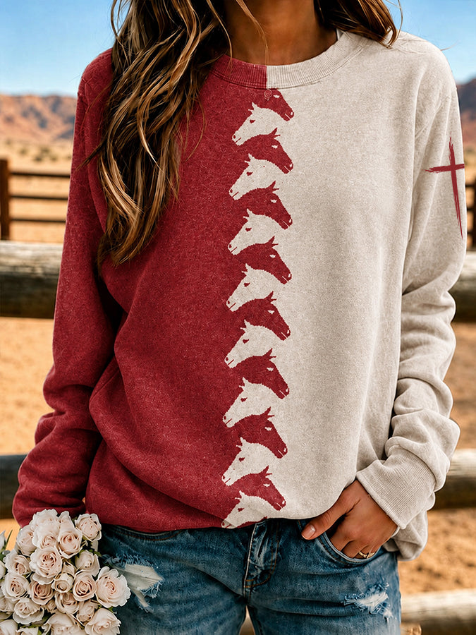 Women'S Western Style Cross Print Round Neck Sweatshirt