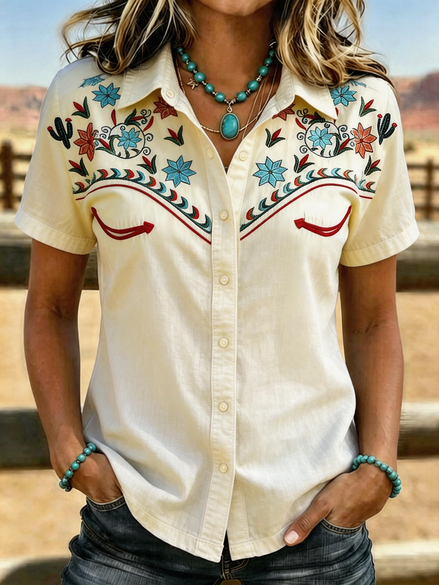 Women's Western Style Flower Embroidered Short Sleeved Shirt