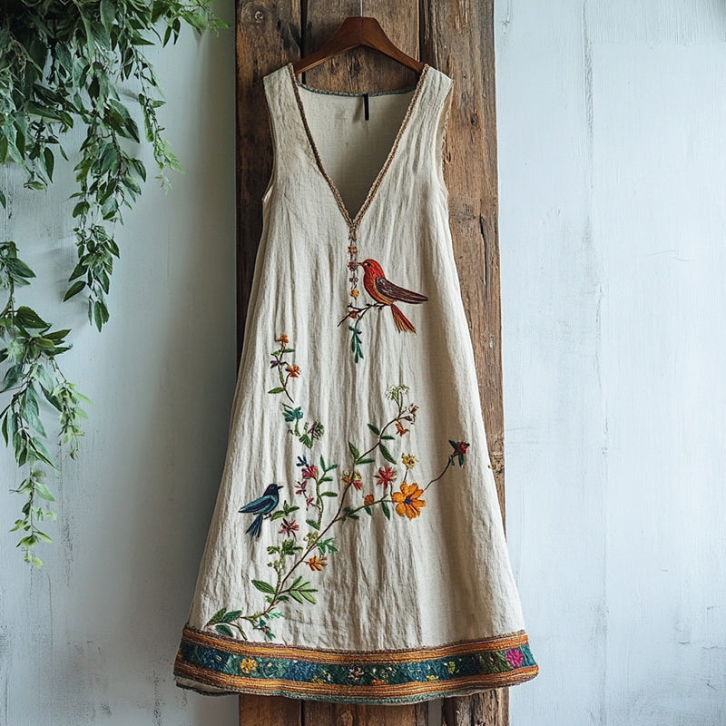 Women's Vintage Birds & Floral Embroidery Art Sleeveless Mini Dress
