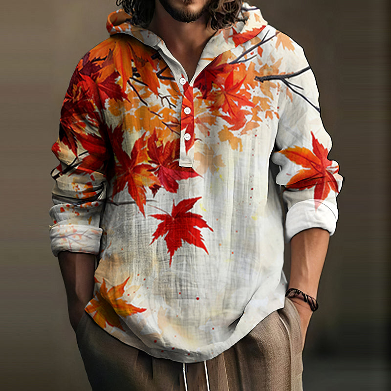 Men's Canada Maple Leaf Art Print Linen Blend Hooded Shirt