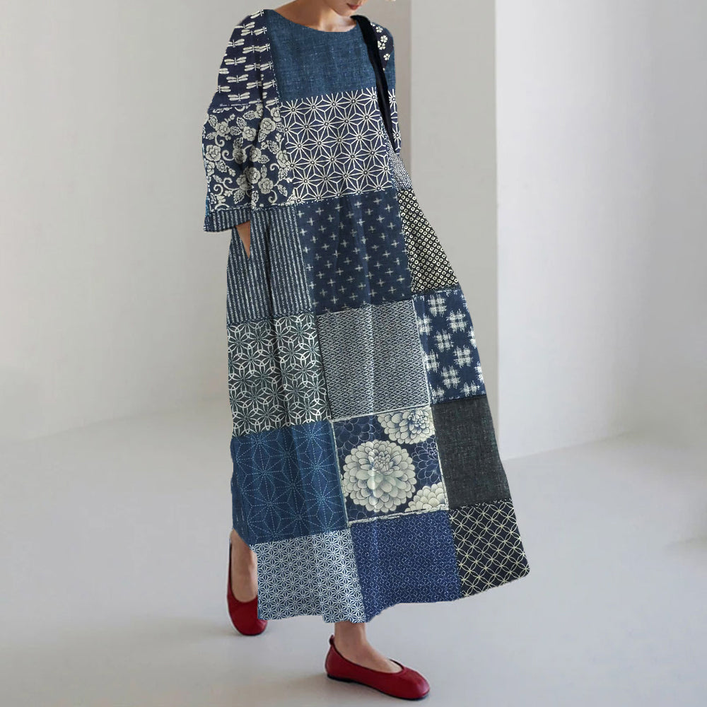 Retro Japanese Traditional Patchwork Art Linen Maxi Dress