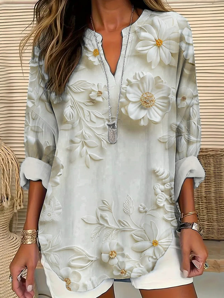 Daisy Floral Embroidery Women's Linen V-neck Long Sleeve Shirt