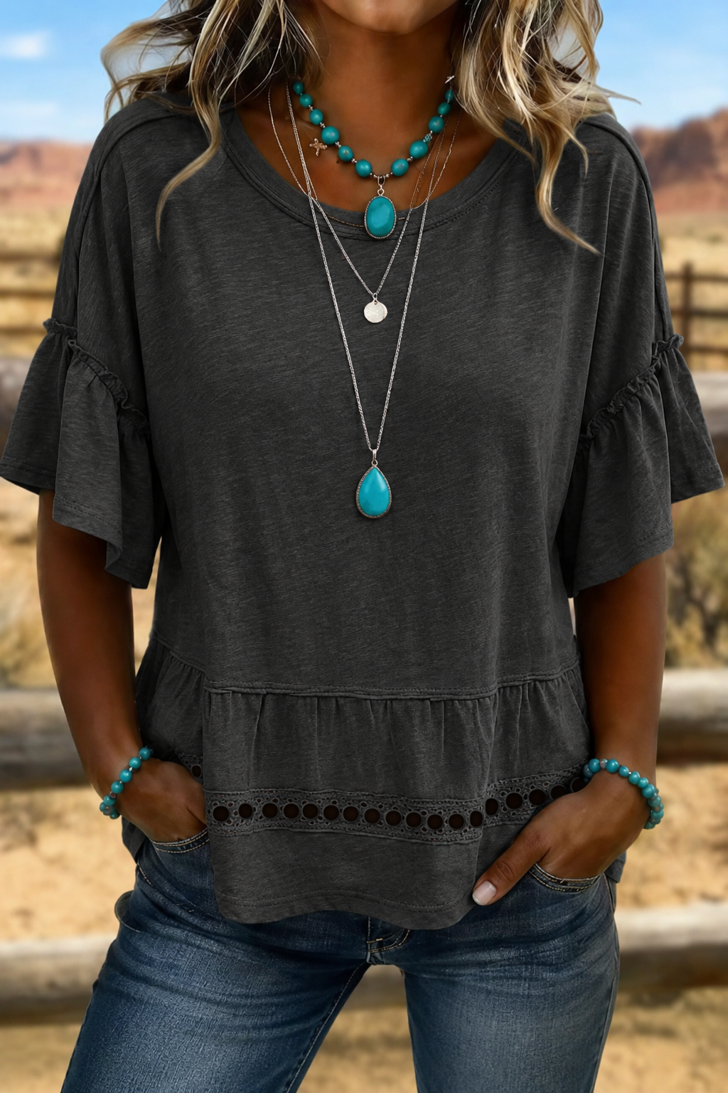 Women'S Retro Art Solid Color Splicing T-Shirt