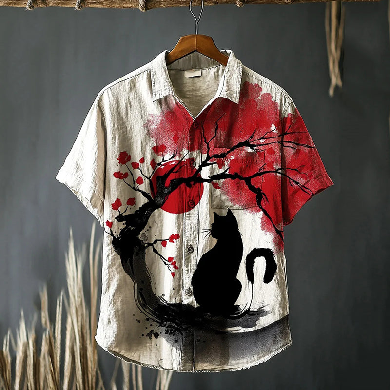 Men's Cat Under The Cherry Tree Japanese Art Print Short Sleeve Shirt