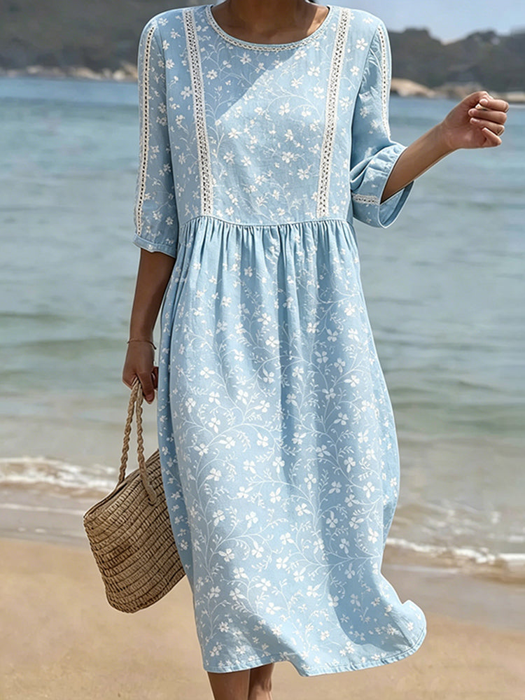 Women's Vintage Bohemian Floral Print Casual Linen Dress