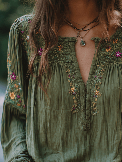 Bohe Floral Embroidered Cotton Olive Green Shirt