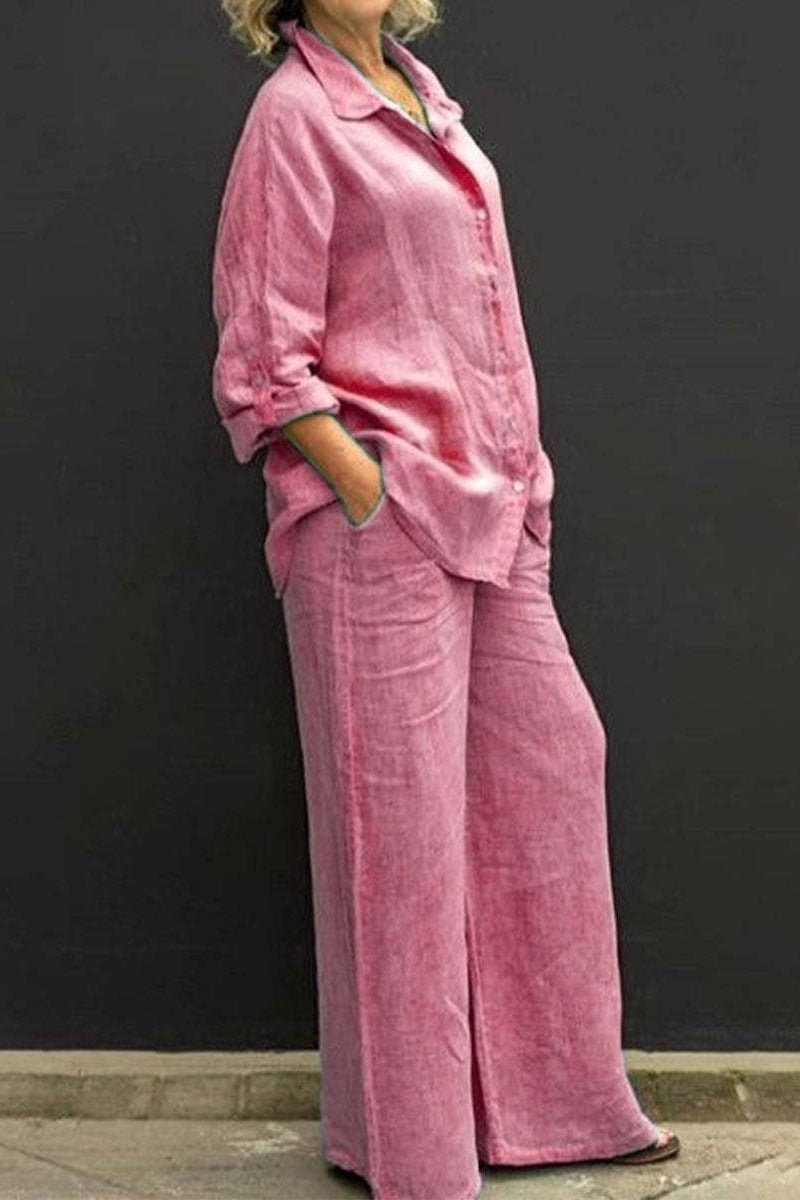 Women Linen Lapel Shirt Two Pieces Set Vintage Solid Long Sleeve Button Blouse and Loose Straight Pants Casual Suits
