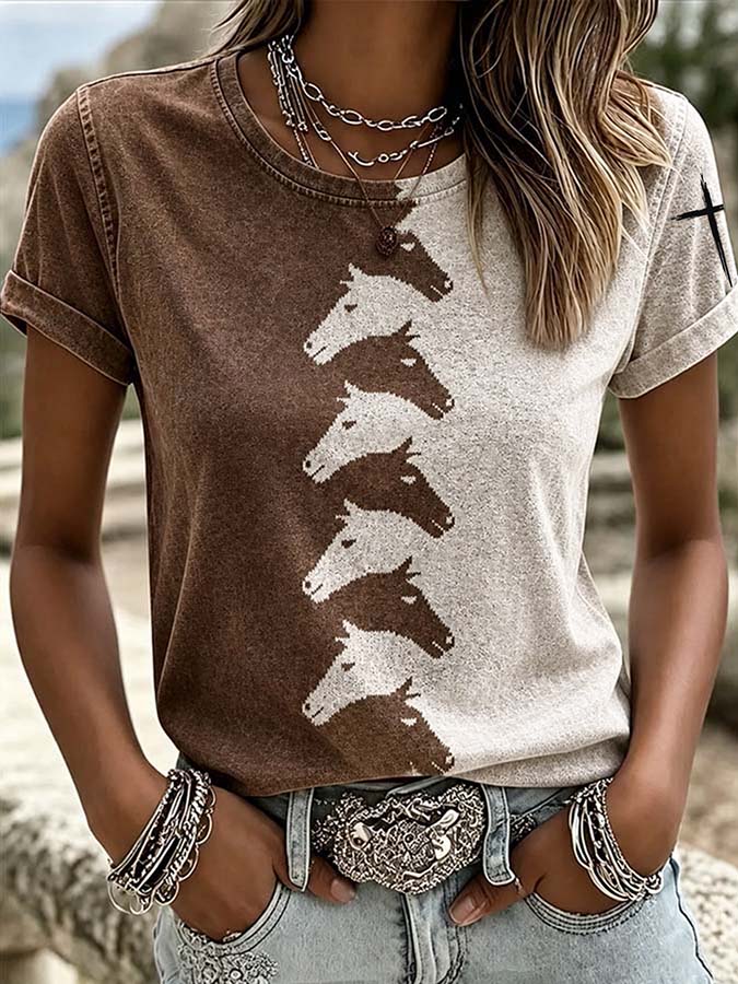 Women'S Western Style Animal Cross Round Neck T-Shirt