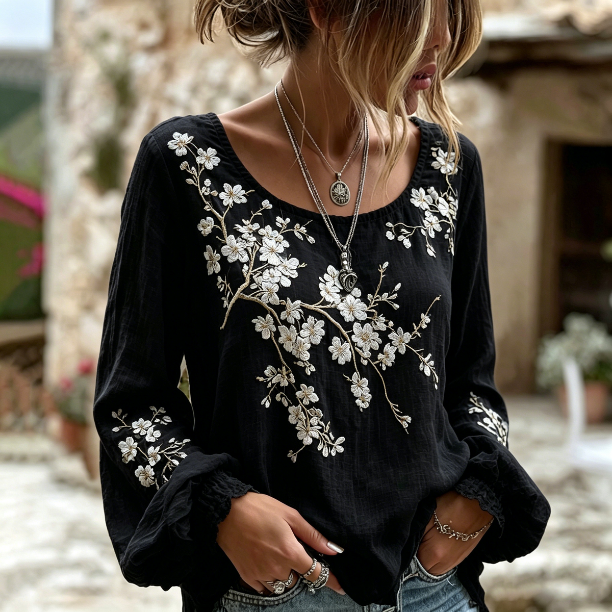 Women's Japanese Sakura Print Crew Neck Linen Blend T-shirt