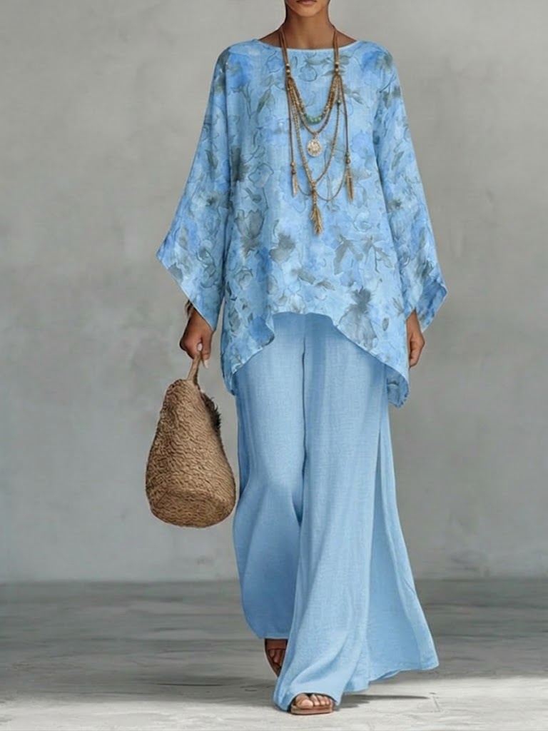 Casual Two-piece Set: Floral-print Linen & Cotton Top And Solid-color Trousers