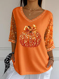 Women's Sequined Pumpkin Print Jacquard Fabric Casual V-Neck Top