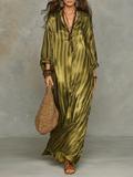 Refined Bohemian Chic Olive Satin Stripe Maxi Dress